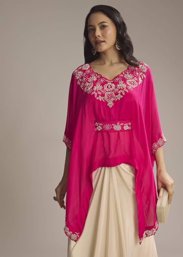 Pink Chinon Crop Top Skirt With Sequins And Moti Work