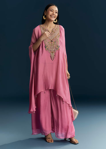 Pink Chinon Indo Western Top And Palazzo Set With Resham Work