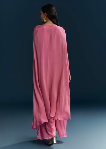 Pink Chinon Indo Western Top And Palazzo Set With Resham Work