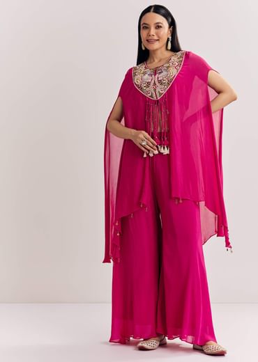 Pink Chinon Zardosi Threadwork Kaftan Kurta Set