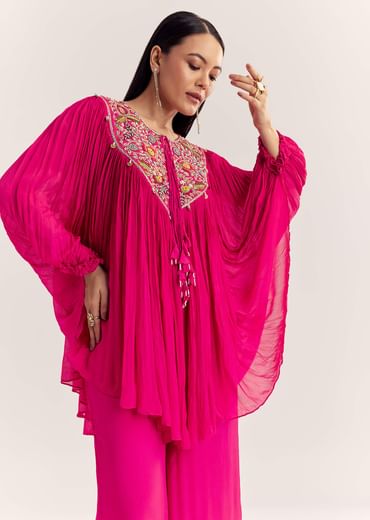 Pink Chinon Kaftan Kurta Set With Zardosi And Thread Work Pink Chinon Kaftan Kurta Set With Zardosi And Thread Work