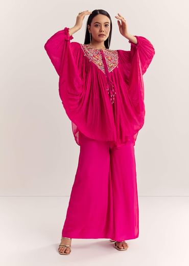Pink Chinon Kaftan Kurta Set With Zardosi And Thread Work Pink Chinon Kaftan Kurta Set With Zardosi And Thread Work