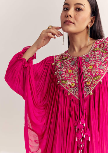 Pink Chinon Kaftan Kurta Set With Zardosi And Thread Work Pink Chinon Kaftan Kurta Set With Zardosi And Thread Work