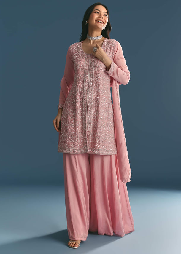 Pink Chinon Kurta Palazzo Suit With Cutdana And Sequins