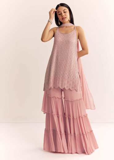 Pink Chinon Kurta Set With Cutdana Moti And Choker Dupatta