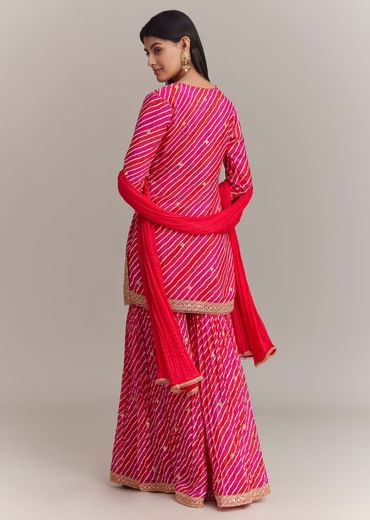 Pink Chinon Leheriya Embroidered Sharara Set