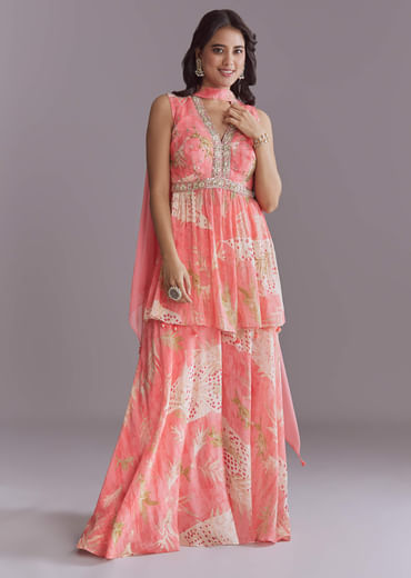 Pink Chinon Palazzo Suit With Printed Motifs