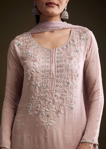 Pink Chinon Palazzo Suit With Zardosi And Cutdana Embroidery