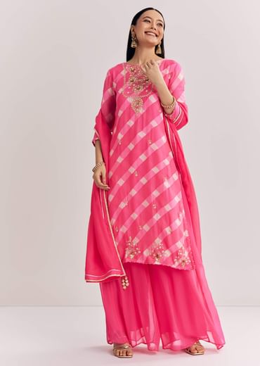 Pink Chinon Palazzo Suit With Zardosi And Thread Work