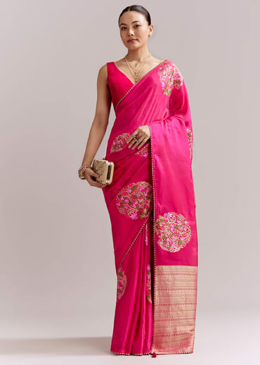 Pink Chinon Woven Saree With Multicolour Circular Motifs