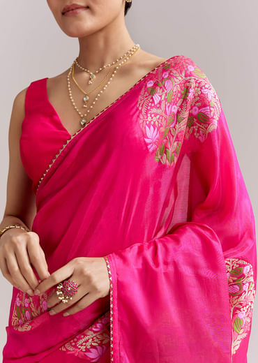 Pink Chinon Woven Saree With Multicolour Circular Motifs