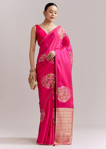 Pink Chinon Woven Saree With Multicolour Circular Motifs