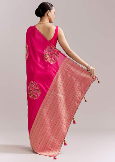 Pink Chinon Woven Saree With Multicolour Circular Motifs