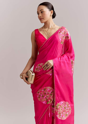 Pink Chinon Woven Saree With Multicolour Circular Motifs