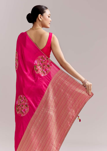 Pink Chinon Woven Saree With Multicolour Circular Motifs