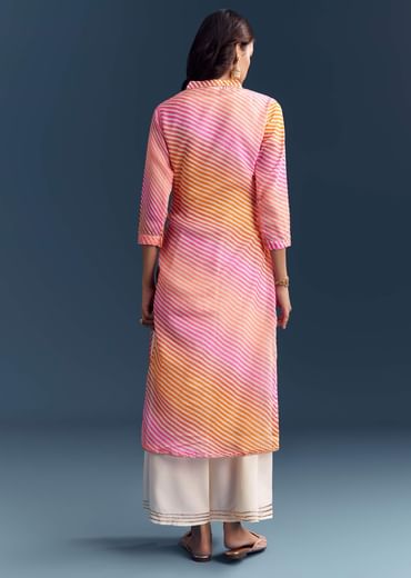 Pink Cotton Kurti With Leheriya Print And Gota Work