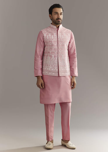 Pink Cotton Silk Jacket Kurta Set With Mirror And Dori Work