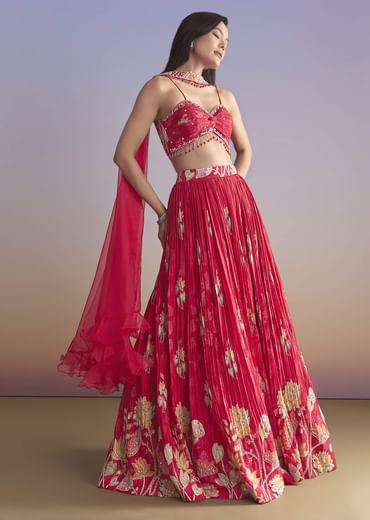 Pink Crepe Bridesmaid Lehenga With Floral Print