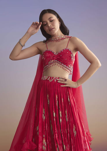 Pink Crepe Bridesmaid Lehenga With Floral Print