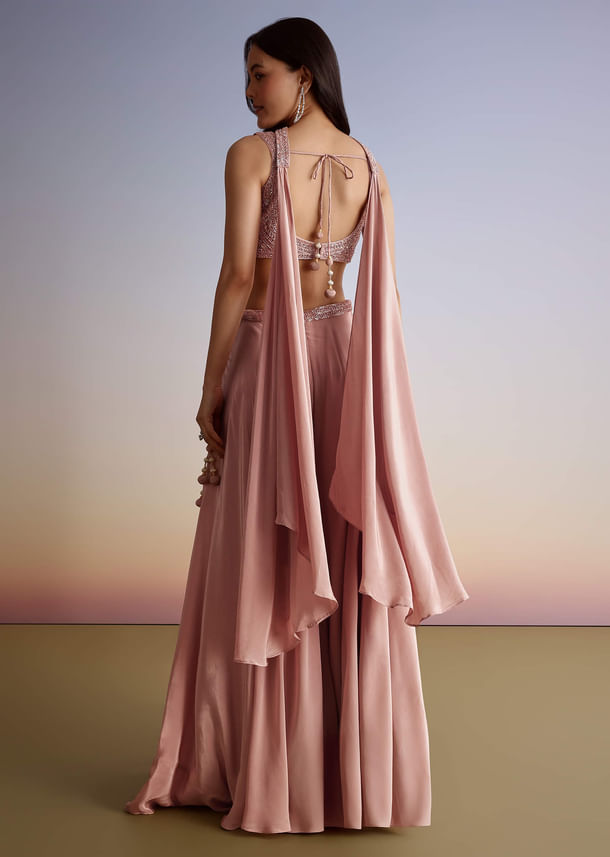 Pink Crepe Cutdana Sequin Embroidered Croptop Palazzo Suit With Dupatta