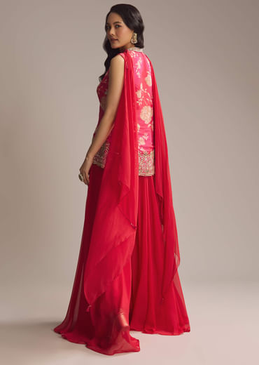 Pink Crepe Floral Printed Palazzo Suit With Mirror Work