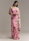Pink Crepe Saree With Floral Digital Print And Sequin Border