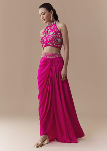 Pink Crepe Silk Crop Top Skirt Set with Zardosi Work