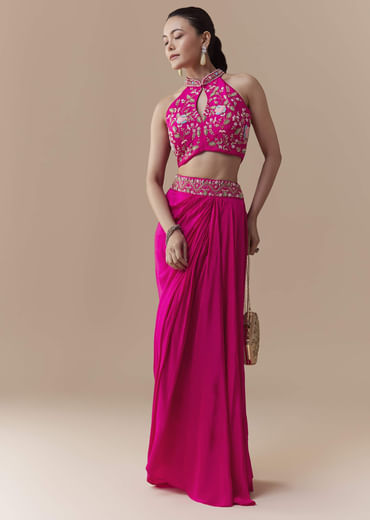 Pink Crepe Silk Crop Top Skirt Set with Zardosi Work