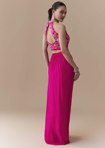 Pink Crepe Silk Crop Top Skirt Set with Zardosi Work