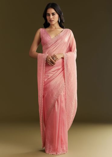 Pink Crepe Tissue Saree With Moti Beads And Cutdana Embroidery