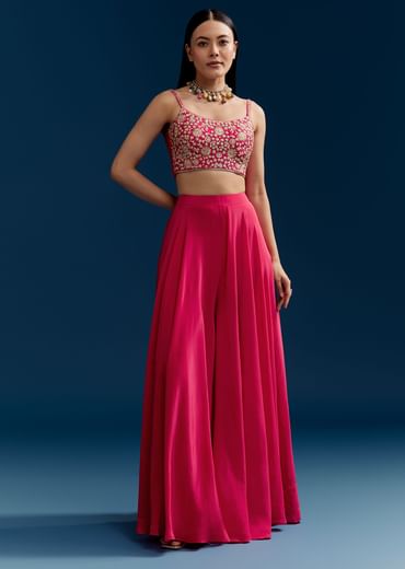 Pink Crop Top Palazzo Set With Zardosi Jacket