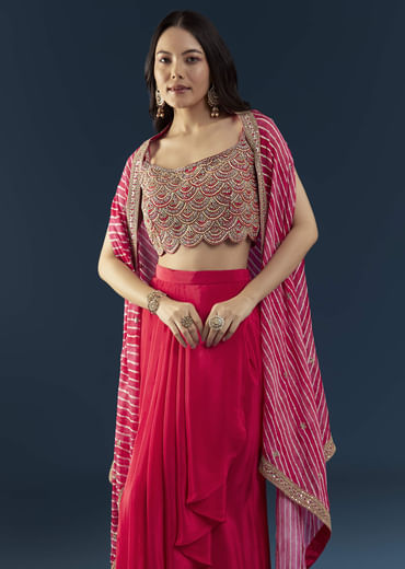 Pink Crop Top Skirt Set with Leheriya Cape