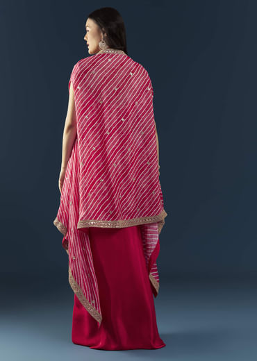 Pink Crop Top Skirt Set with Leheriya Cape