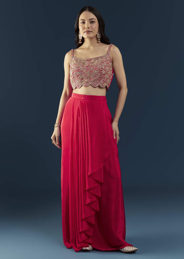 Pink Crop Top Skirt Set with Leheriya Cape