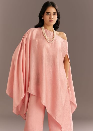 Pink Crush Silk One Shoulder Kurta With Pearl Neckpiece