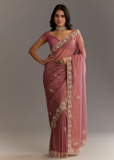 Pink Crushed Tissue Floral Embroidered Saree With Cutdana And Sequins