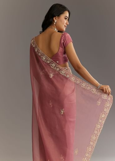 Pink Crushed Tissue Floral Embroidered Saree With Cutdana And Sequins