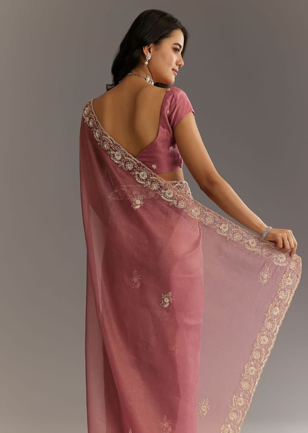 Pink Crushed Tissue Floral Embroidered Saree With Cutdana And Sequins