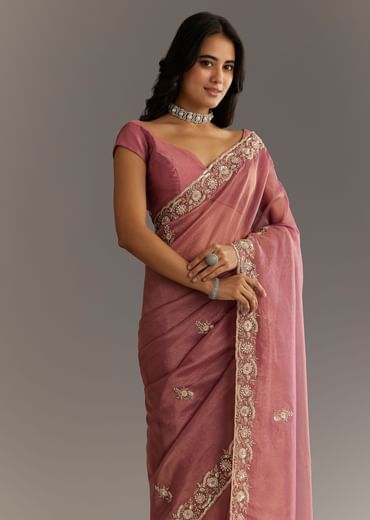 Pink Crushed Tissue Floral Embroidered Saree With Cutdana And Sequins
