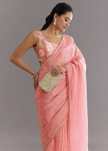 Pink Crushed Tissue Saree With Cutdana And Moti Embellished Border