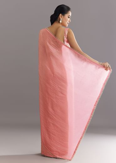 Pink Crushed Tissue Saree With Cutdana And Moti Embellished Border