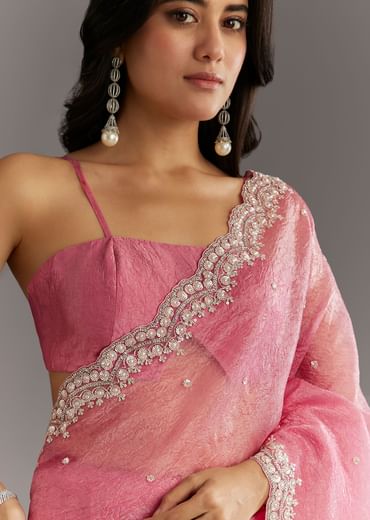 Pink Crushed Tissue Sequin Embroidered Saree With Scallop Border