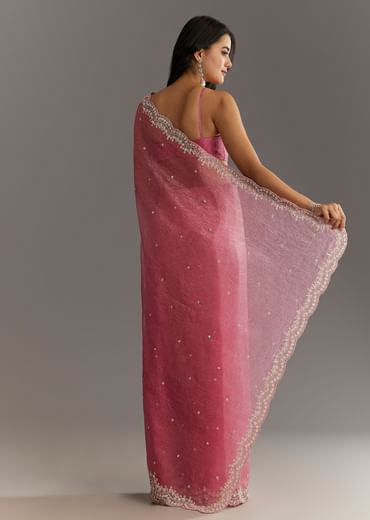 Pink Crushed Tissue Sequin Embroidered Saree With Scallop Border