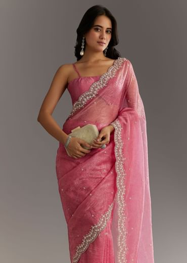 Pink Crushed Tissue Sequin Embroidered Saree With Scallop Border