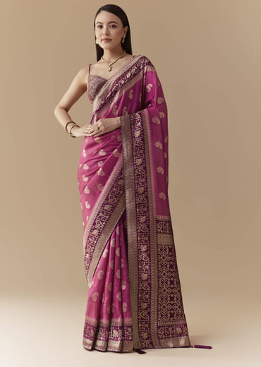 Pink Dola Silk Saree with Woven Geometric Motif and Blouse Fabric