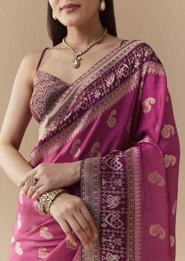 Pink Dola Silk Saree with Woven Geometric Motif and Blouse Fabric