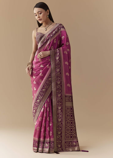 Pink Dola Silk Saree with Woven Geometric Motif and Blouse Fabric