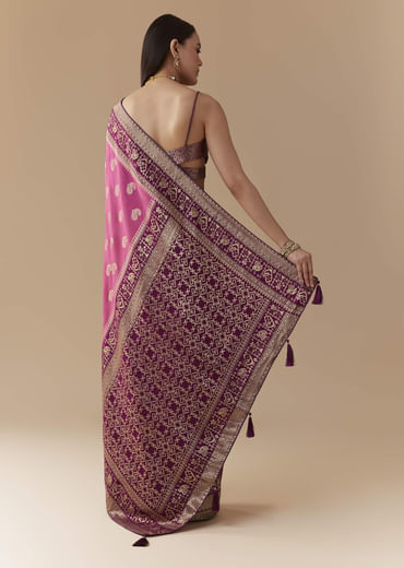 Pink Dola Silk Saree with Woven Geometric Motif and Blouse Fabric