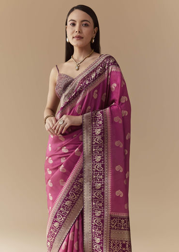 Pink Dola Silk Saree with Woven Geometric Motif and Blouse Fabric