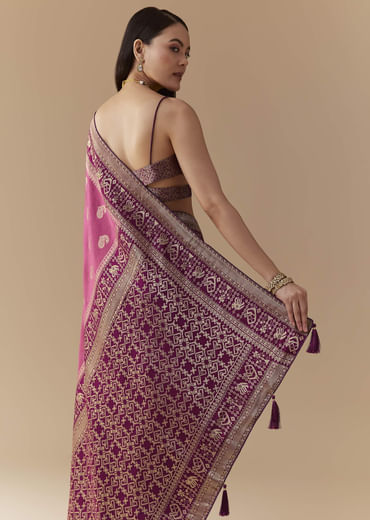 Pink Dola Silk Saree with Woven Geometric Motif and Blouse Fabric